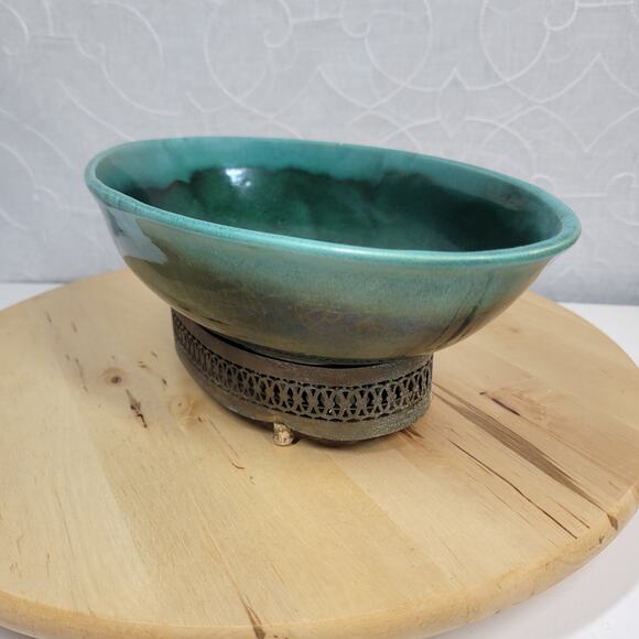 Roseville Pottery Pasadena Planter 12" Green Mid Century Modern Brass Base L-21 - Picture 7 of 12